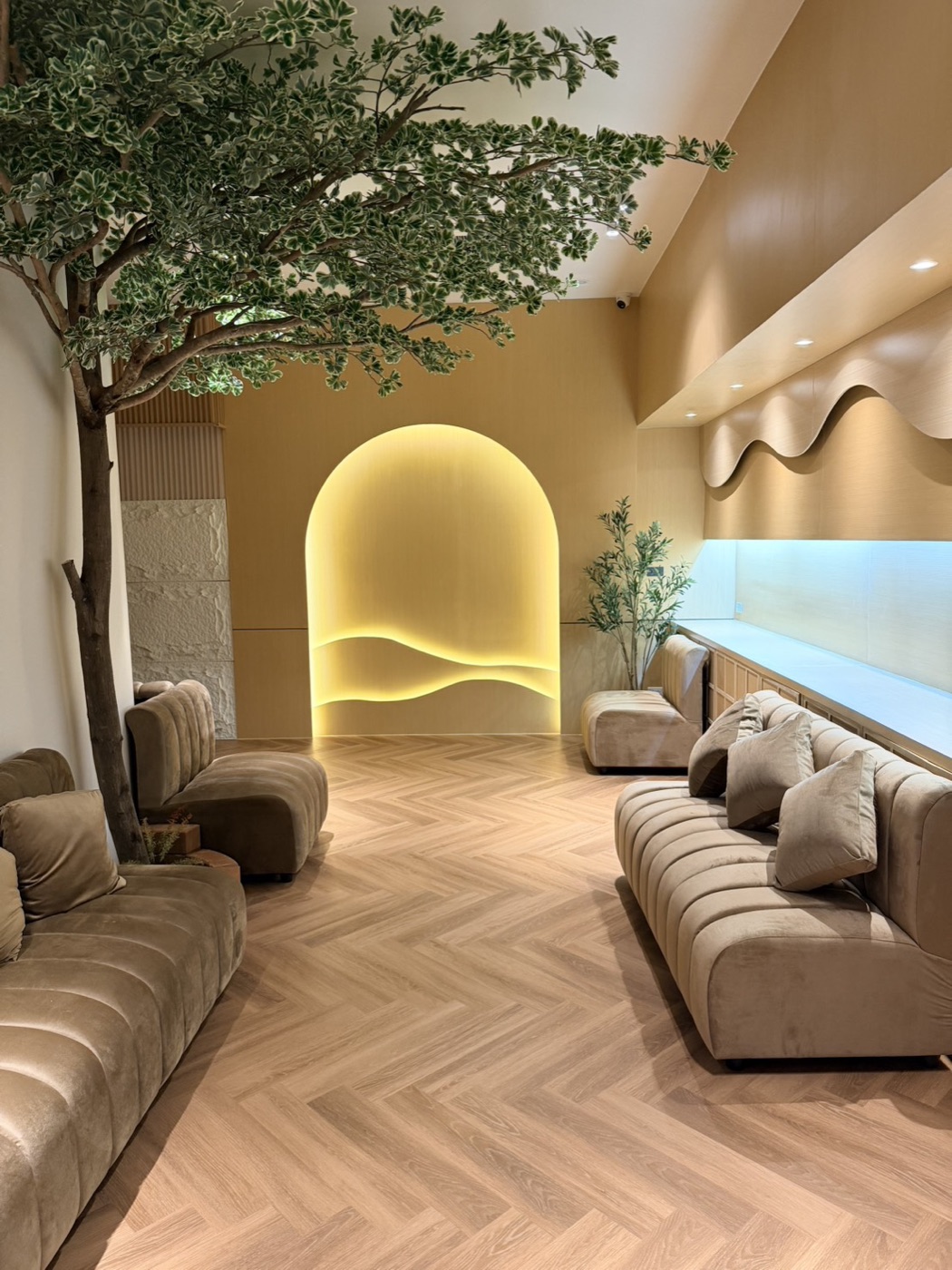 ล็อบบี้จริงของ QQ SPA พร้อมที่นั่งไม้โอ๊กสีอ่อน ต้นไม้ภายในอาคาร และซุ้มไฟ