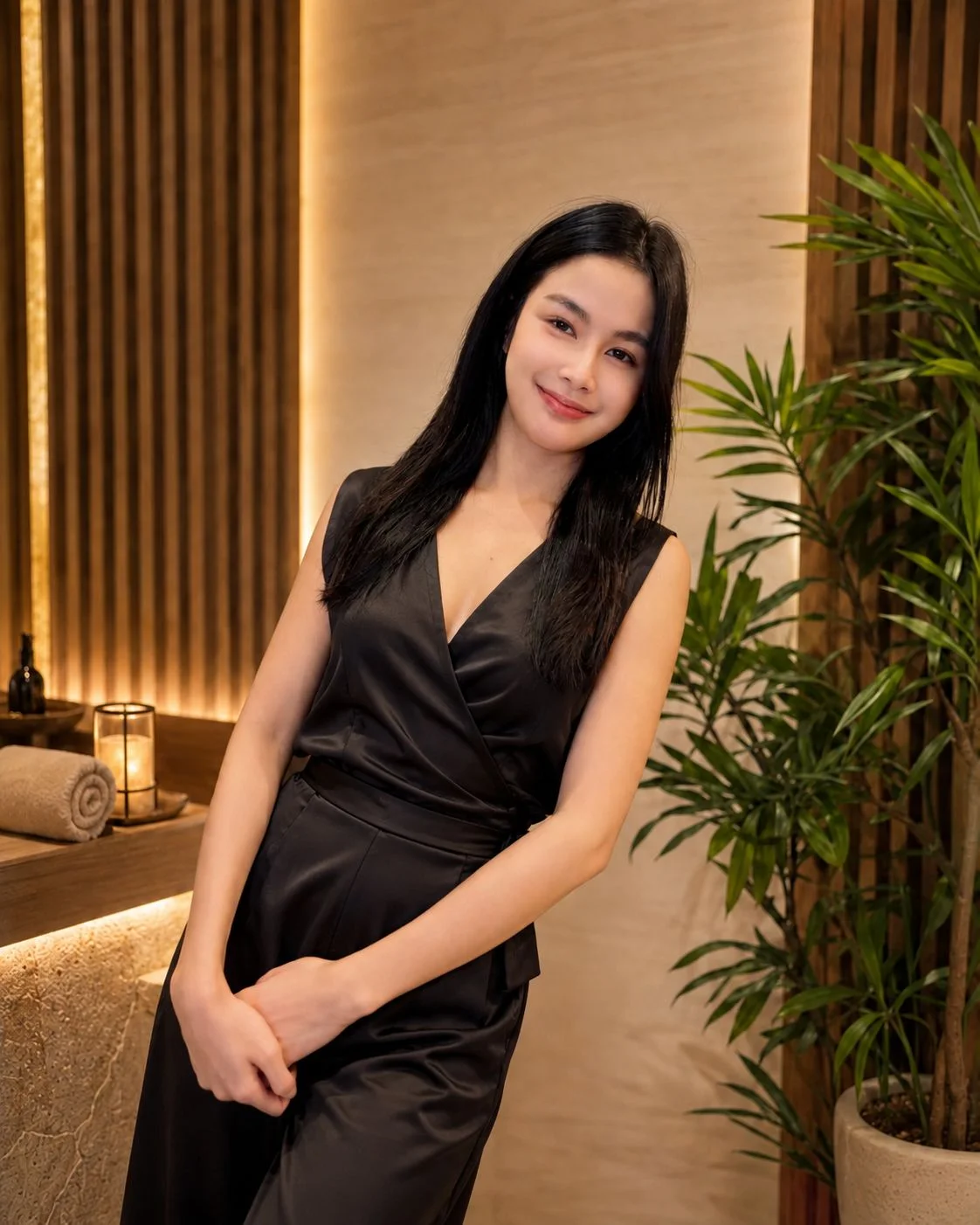 พนักงานหญิงผู้ใหญ่ของ QQ SPA ในชุดสีดำข้างผนังไม้สีอ่อนและต้นไม้